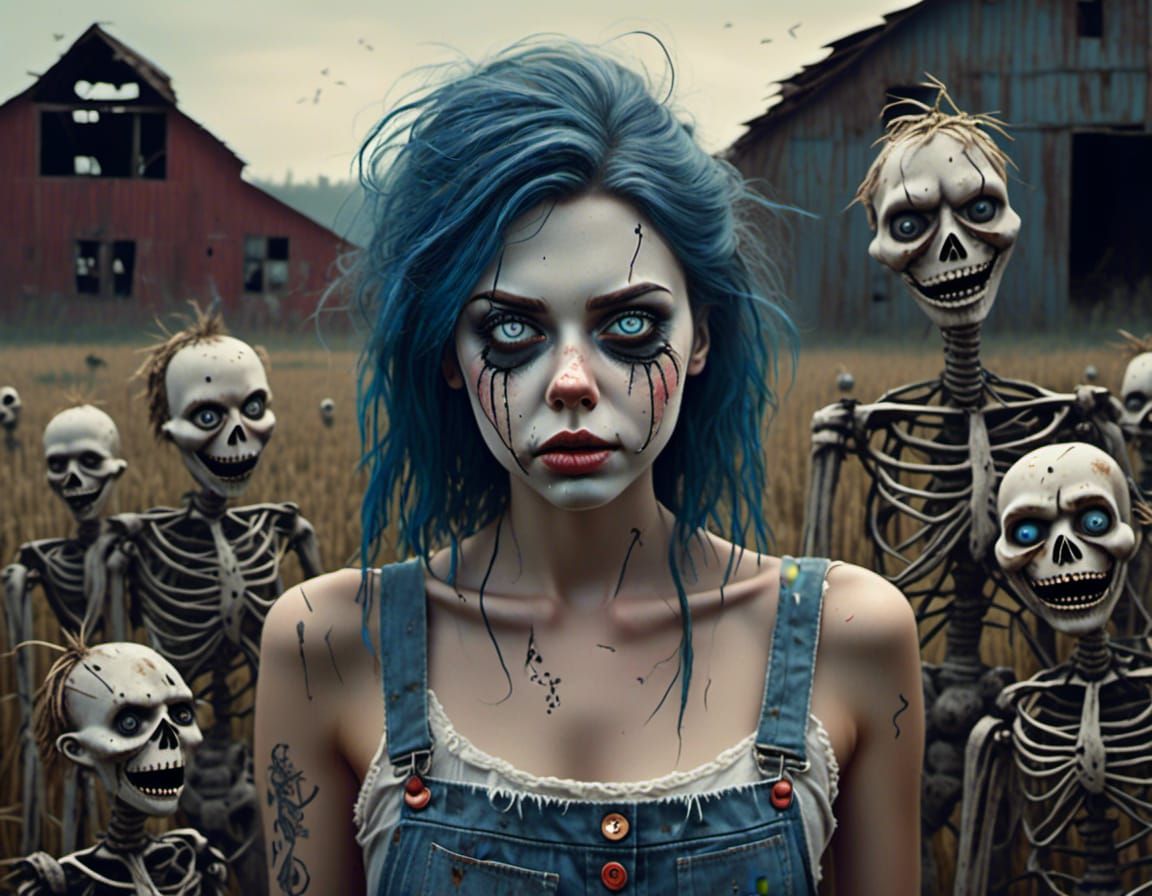 Rockabilly Woman Chased by Scarecrows: Acrylic Painting