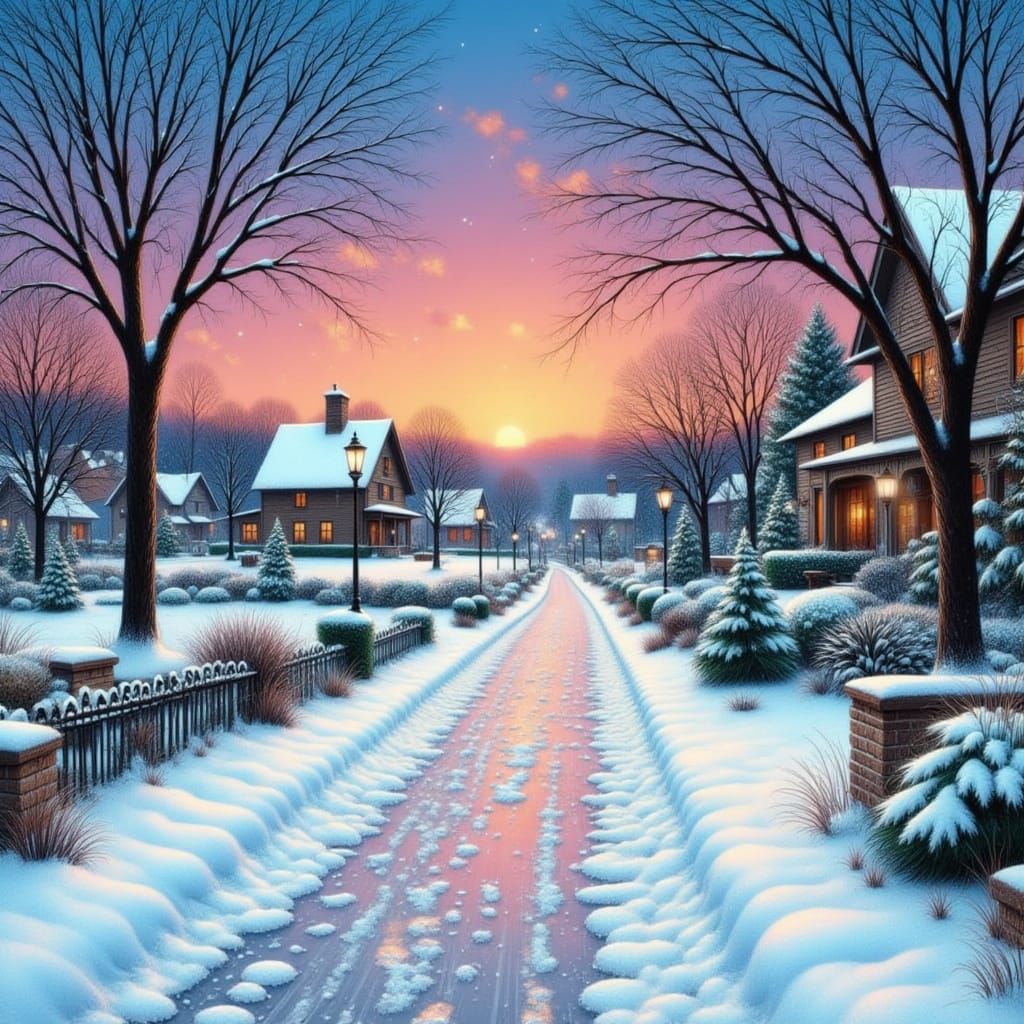 Cozy Winter Village at Dusk