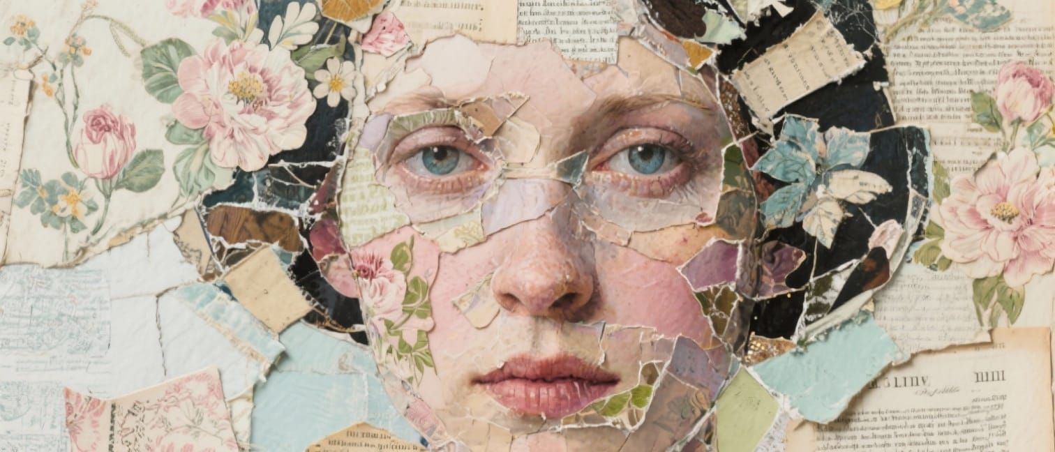 Decoupaged Woman's Face with Floral Vintage Paper