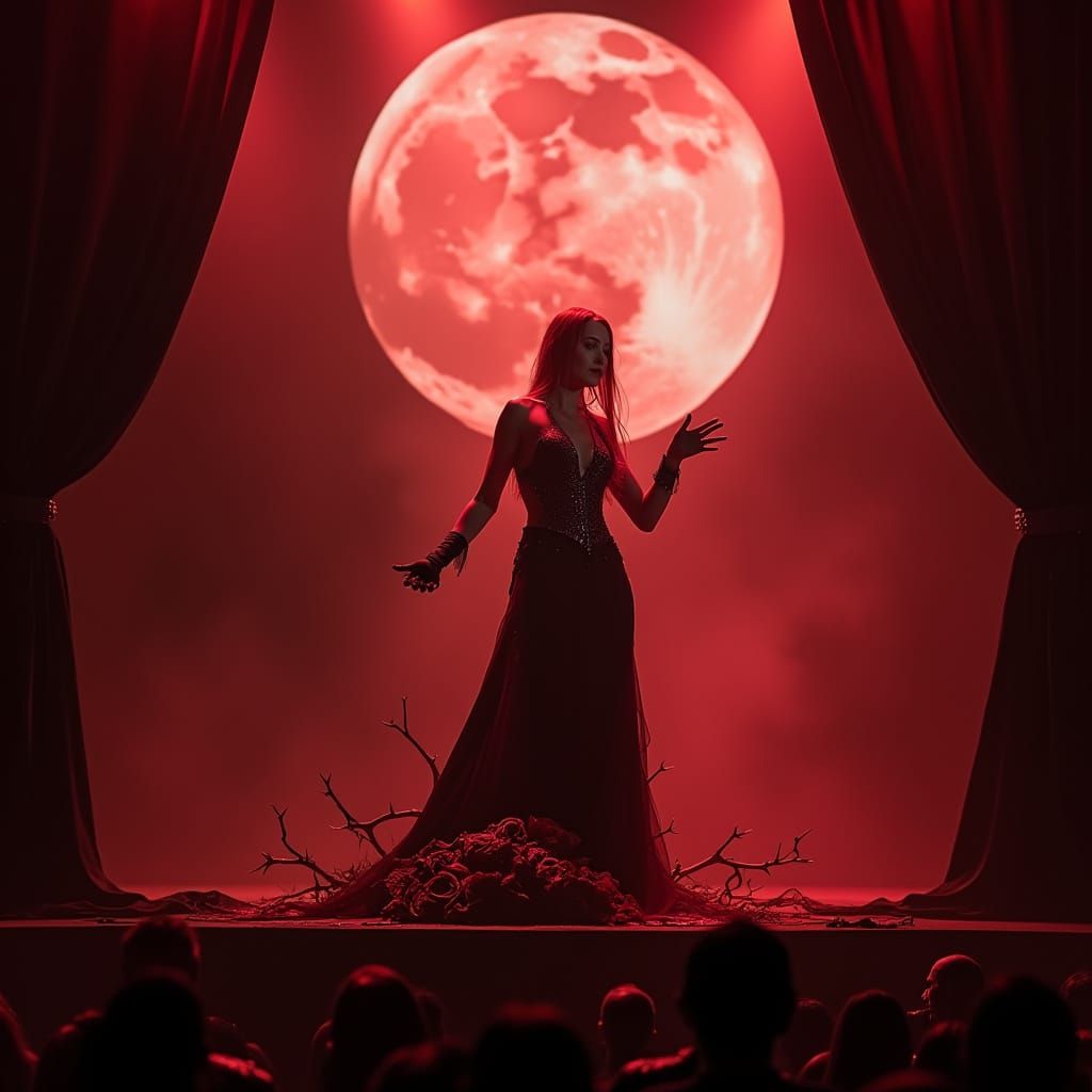 Dark Metal Vocalist on Gothic Stage in High Contrast