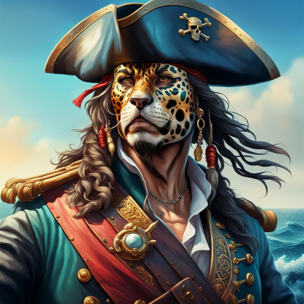Jaguar Pirate Captain on the Open Seas in Splash Art