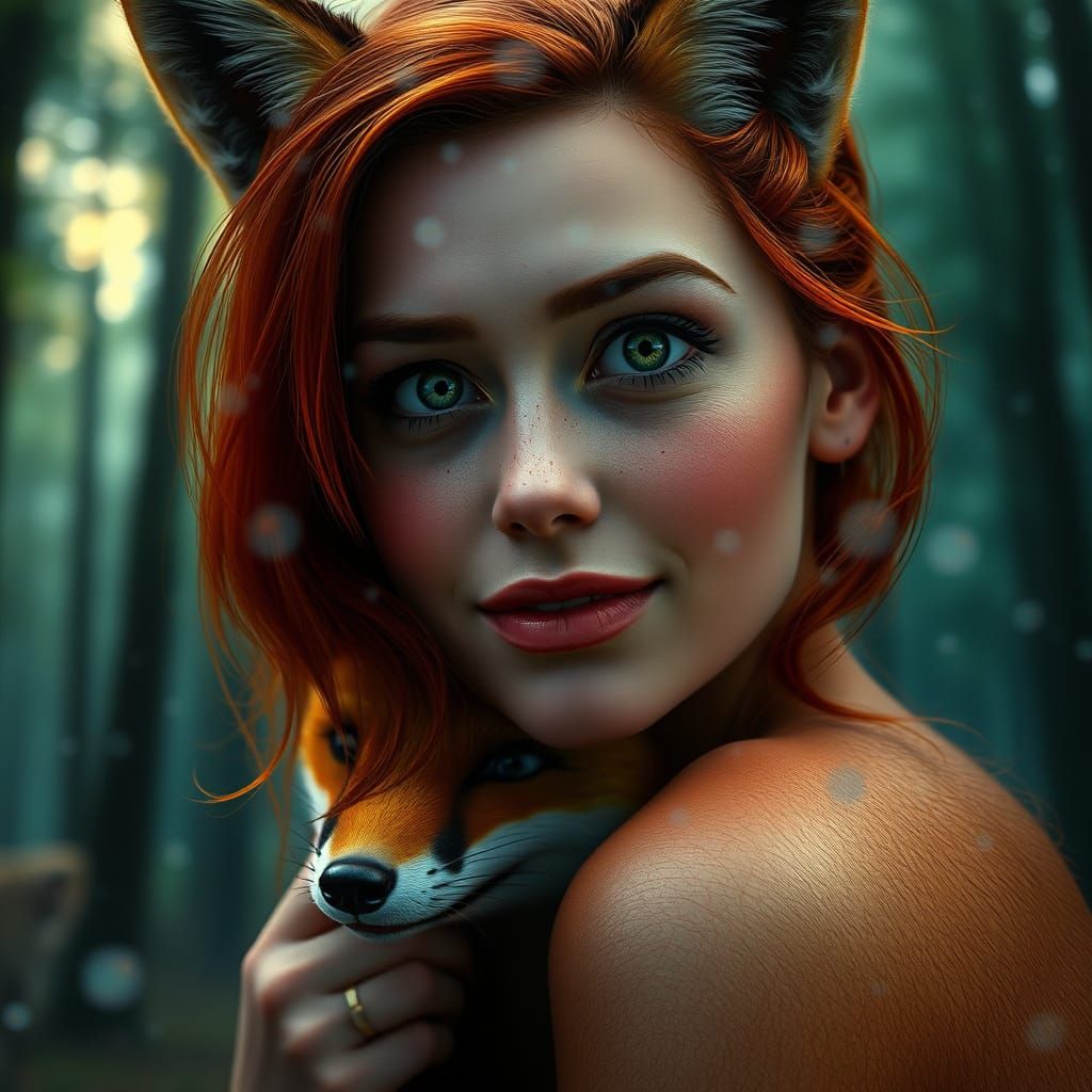 Sultry Redhead Enchanted by Fox in Misty Forest