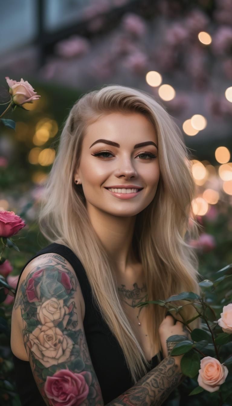 Tattooed Woman Smiling in Rose Garden: Professional Photogra...