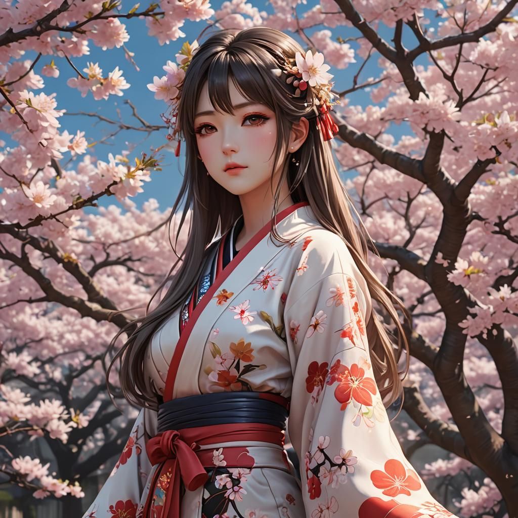 Anime Girl in Kimono Among Cherry Blossoms