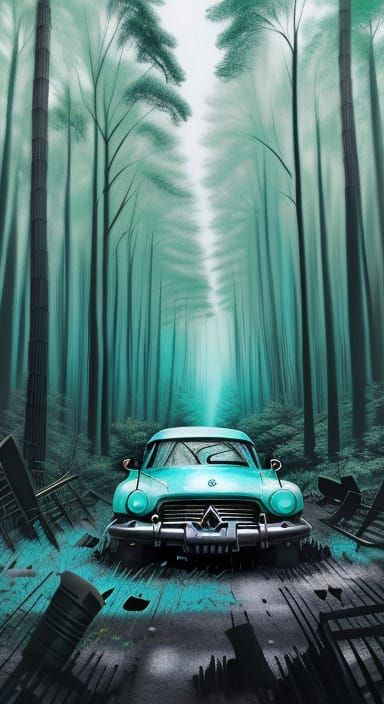 Abstract Car Crash Portrait in Charcoal Turquoise