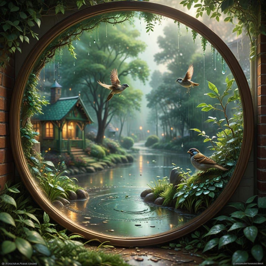 Rainy Window Scene with Sparrows Bathing in a Puddle