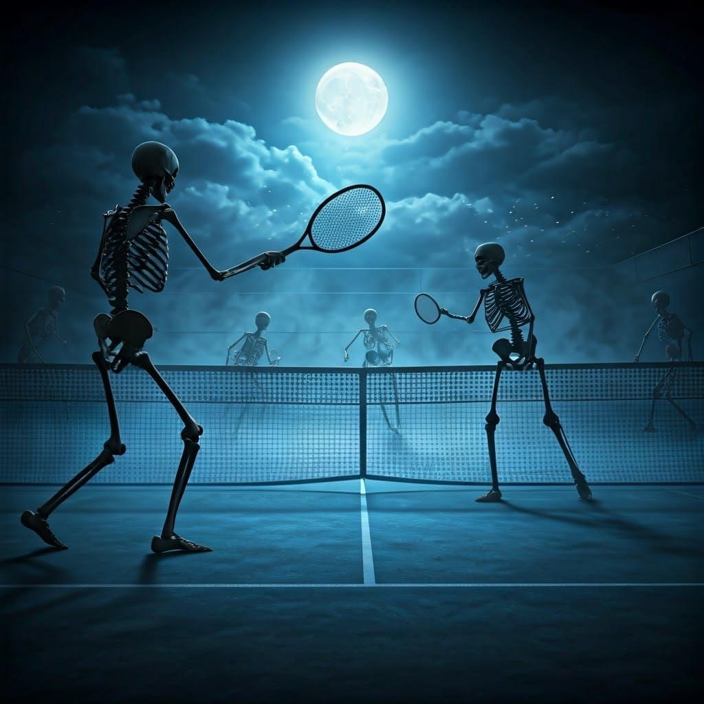 Skeletons Play Tennis in Moonlit, Hyperrealistic Scene