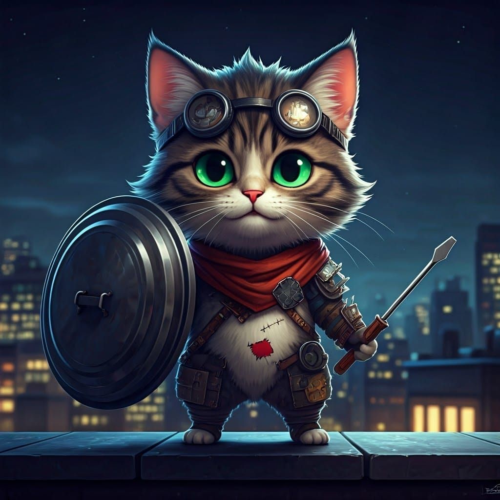 Chibi Cat Warrior in Trash Punk Armor