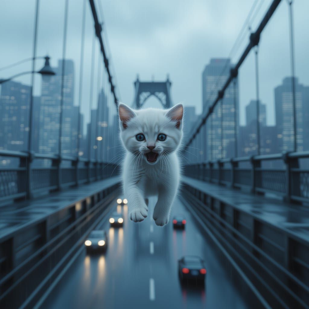 Kitten Falls from Bridge in Dramatic Rainy Cityscape