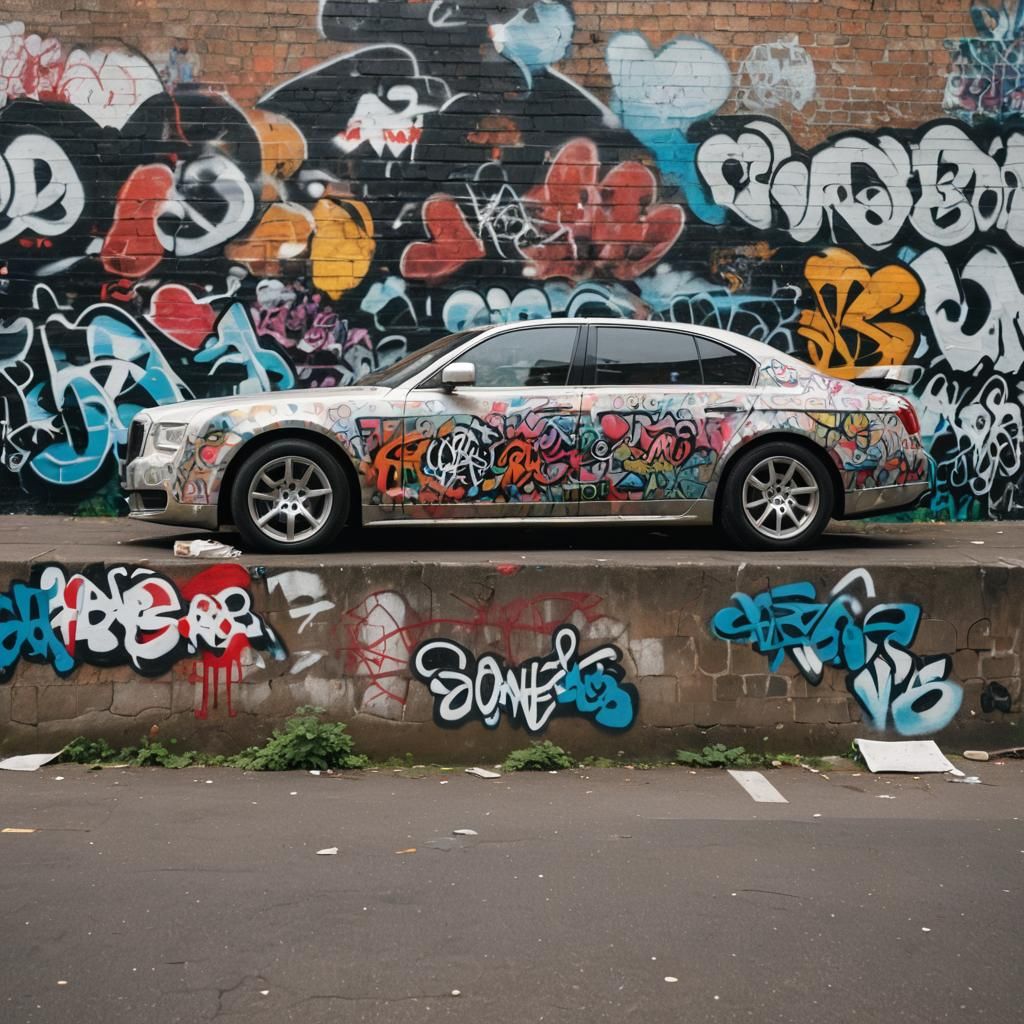 Luxury Car Juxtaposed with Graffiti Art