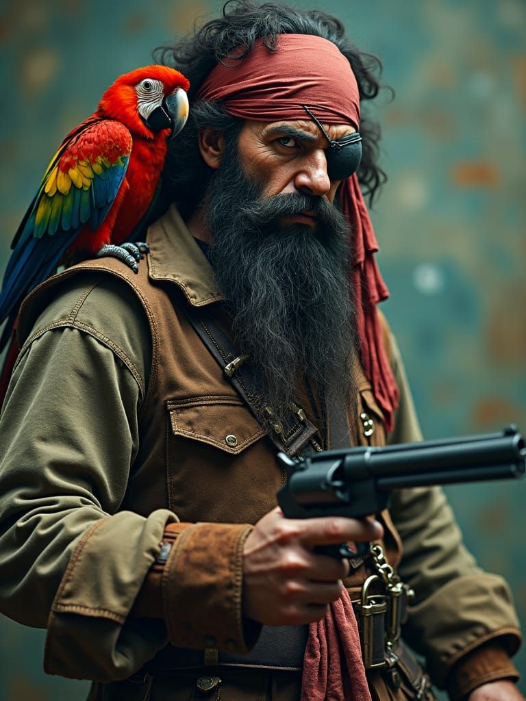 Heroic Pirate with Parrot, in Cinematic Style