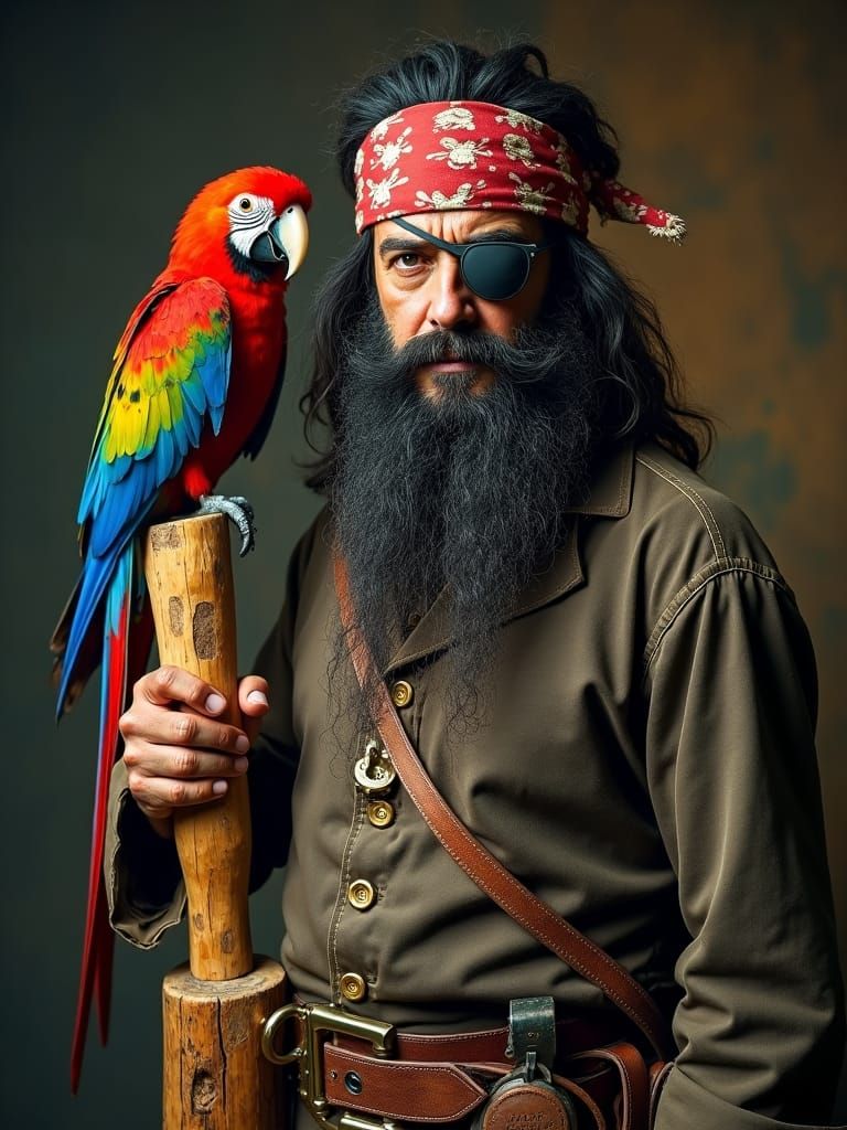 Swashbuckling Pirate with Parrot in Cinematic Style