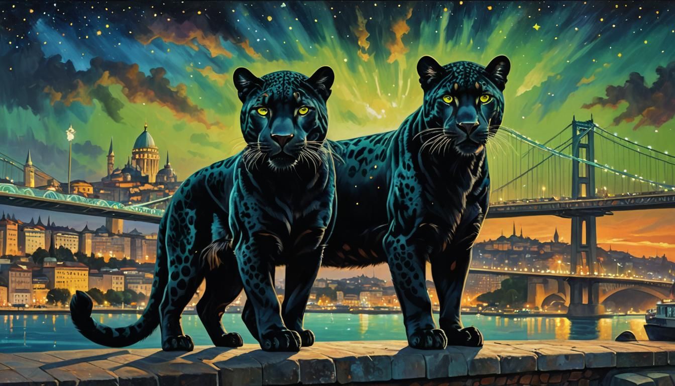 Jaguar on Galata Bridge: Surreal Oil Painting