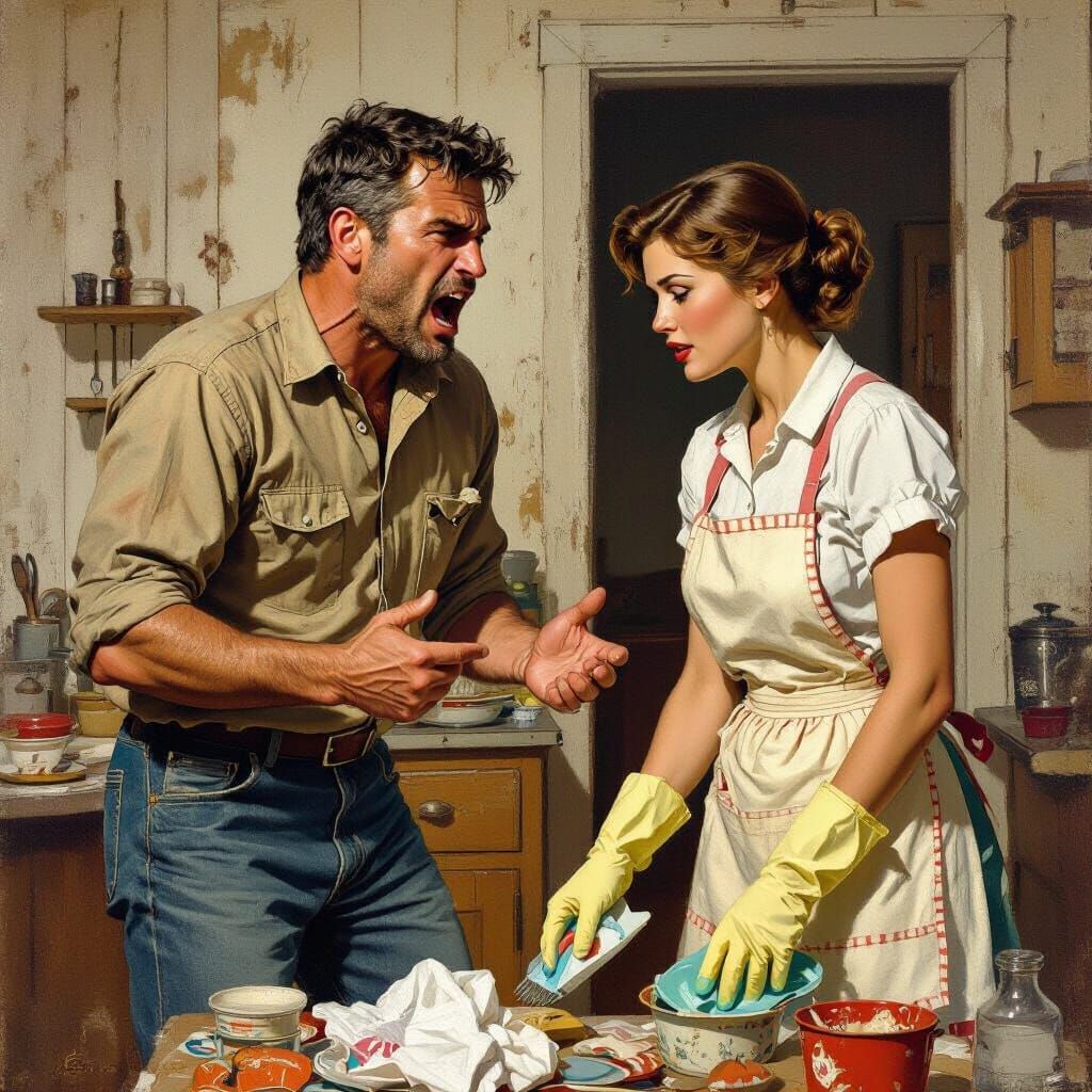 Frustrated Man Shouts in Rockwell-esque Domestic Scene