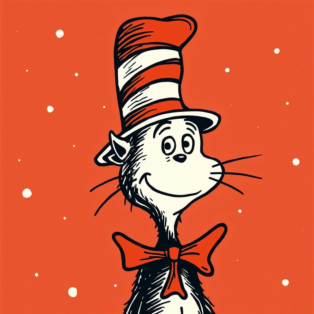 Whimsical Cat in the Hat Illustration in Mid-Century Modern....