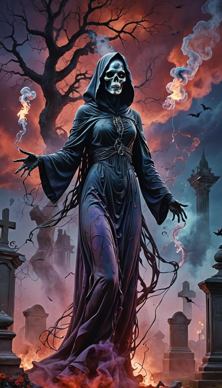 Enchanted Witch of Smoke and Thread Hovers Over a Crimson Gr...