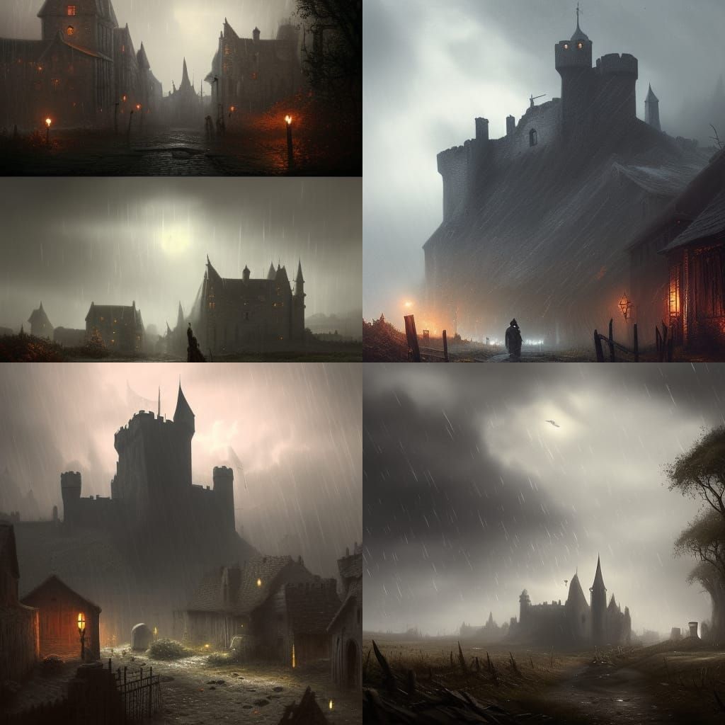 Dark Fantasy Vampire Village in the Rain