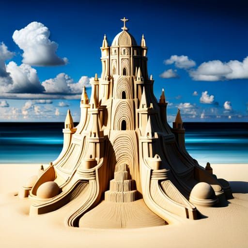 Intricate Sandcastle on Beach with Waves