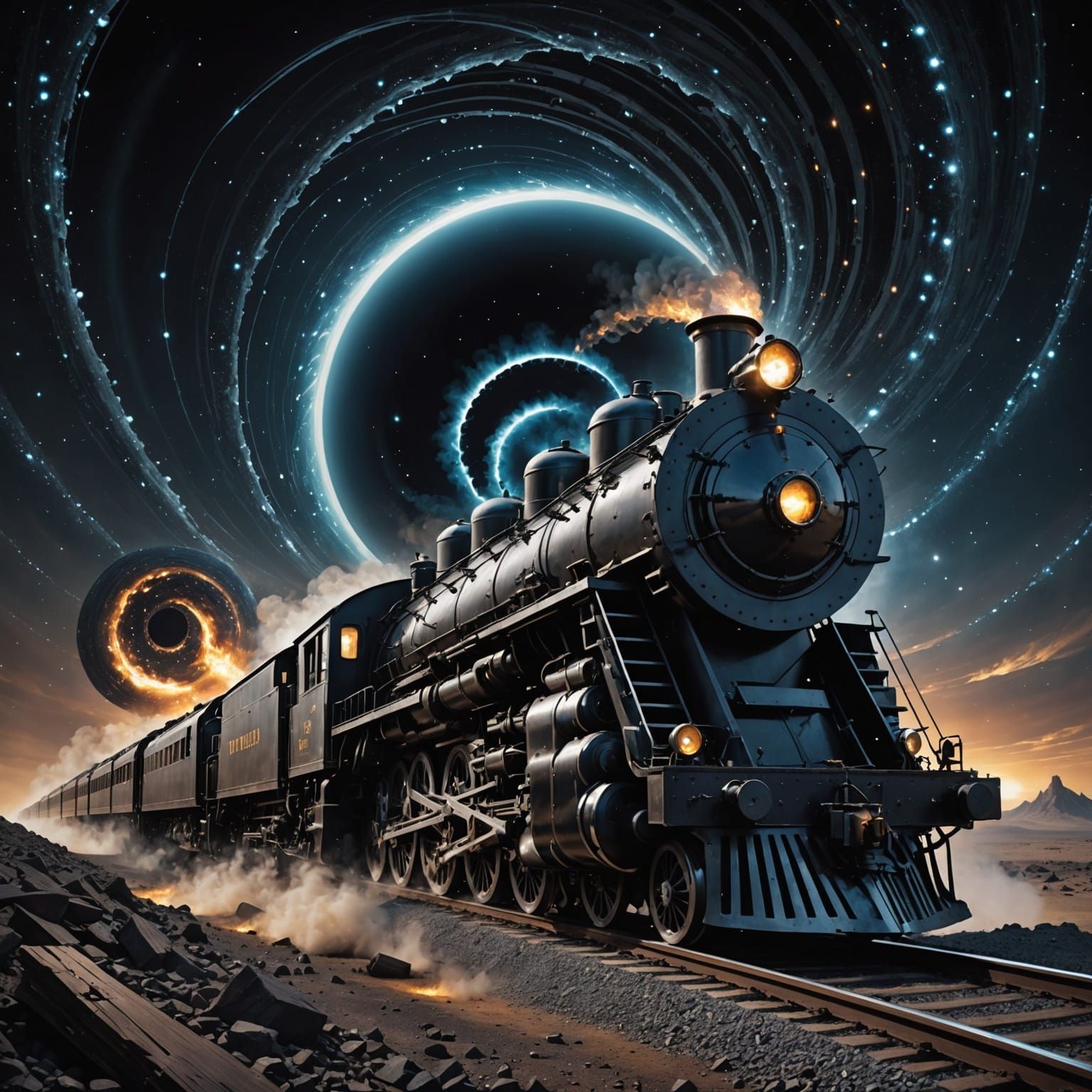 Obsidian Star Train Enters Black Hole in Sci-Fi Surrealism