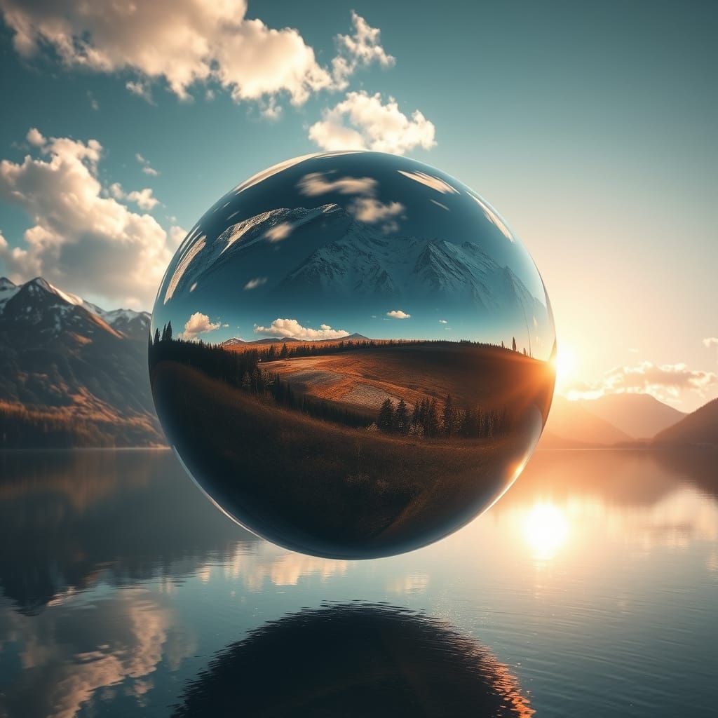 Surreal Mountain Reflection in Chrome Sphere