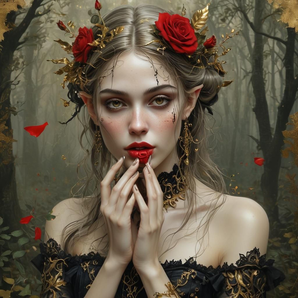 Surreal digital painting, rococo gothic style, spiritual fairy princess Elf perfect face, perfect and delicate hands, dr...