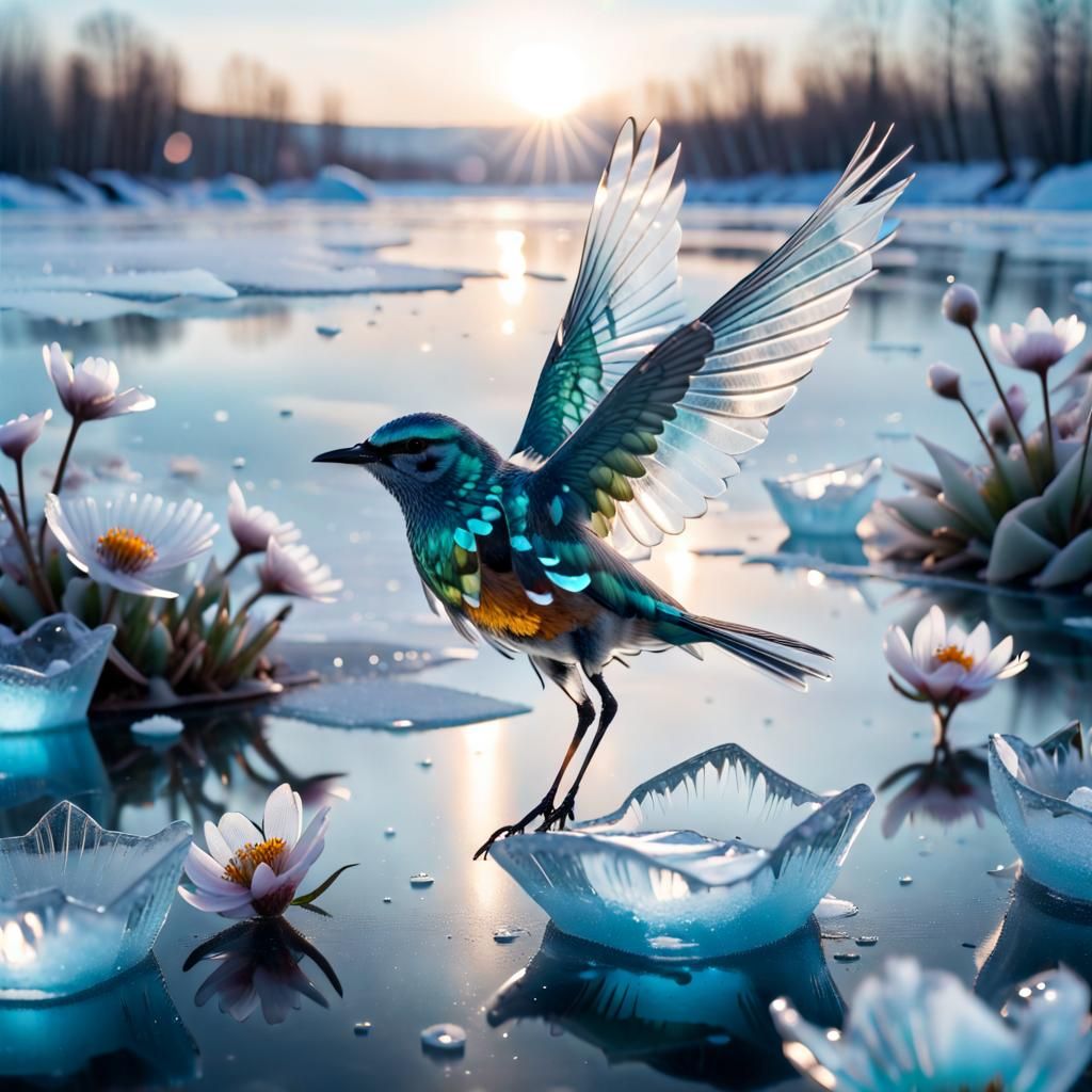 Transparent Bird Foraging on Ice Flowers