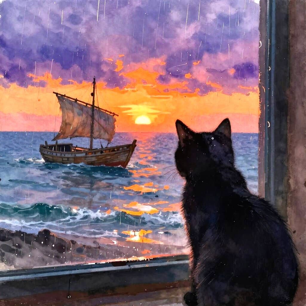 Black Cat Watches Sunset Seascape in Watercolor