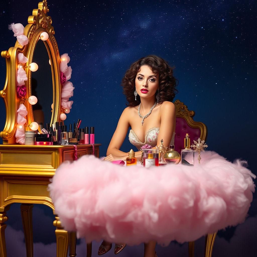Woman on Pink Cloud at Vanity, Surreal Art