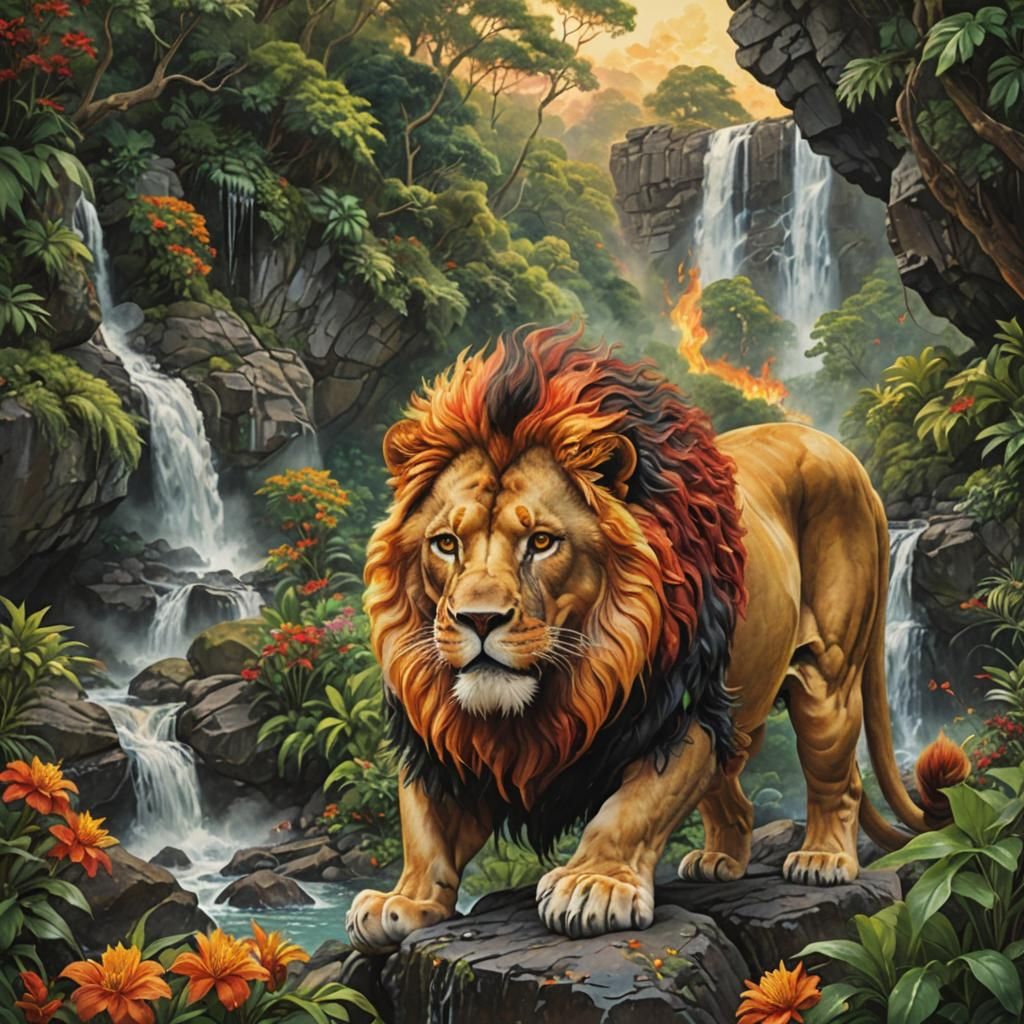 a magnificent fire-breathing lion, reflecting the surroundin...