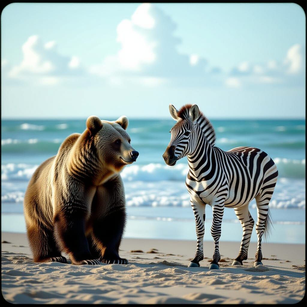 Bear and Zebra by the Ocean: Cinematic Film Still