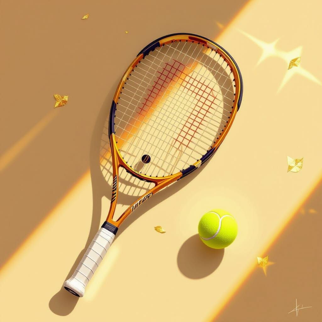 Gold Leaf Tennis Racket and Ball in Warm Light