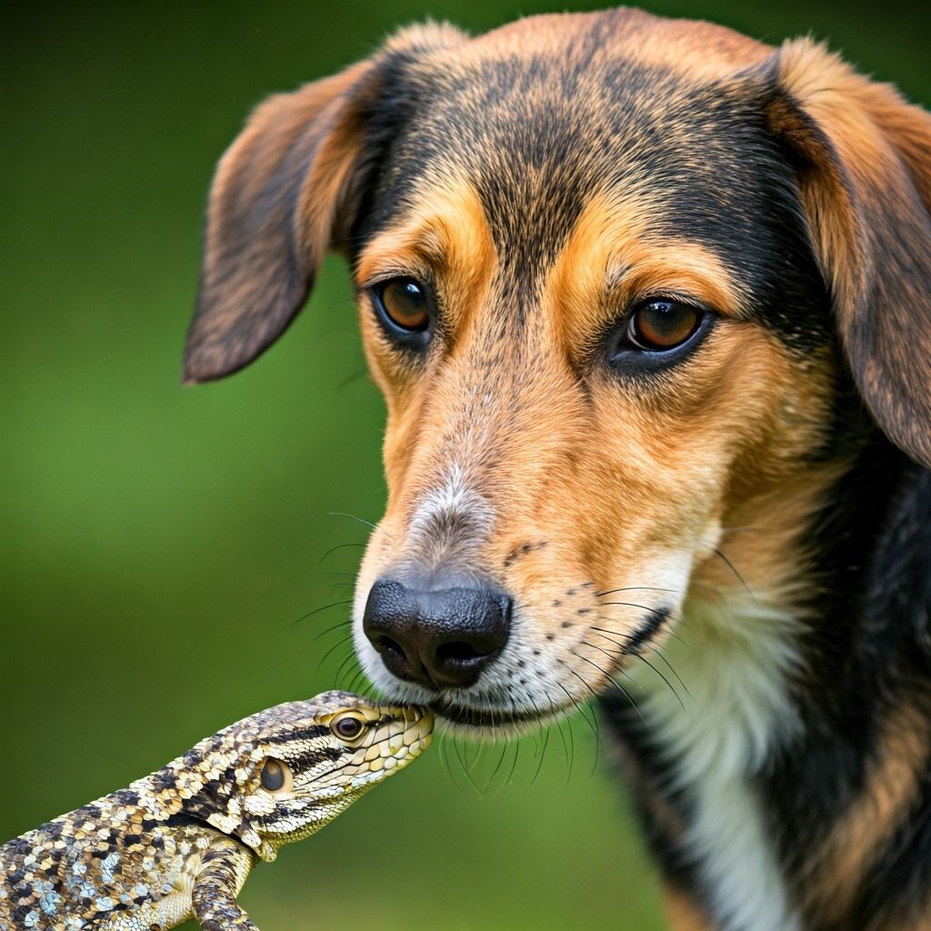 Puzzled Dog Sniffs Colorful Lizard Close-Up
