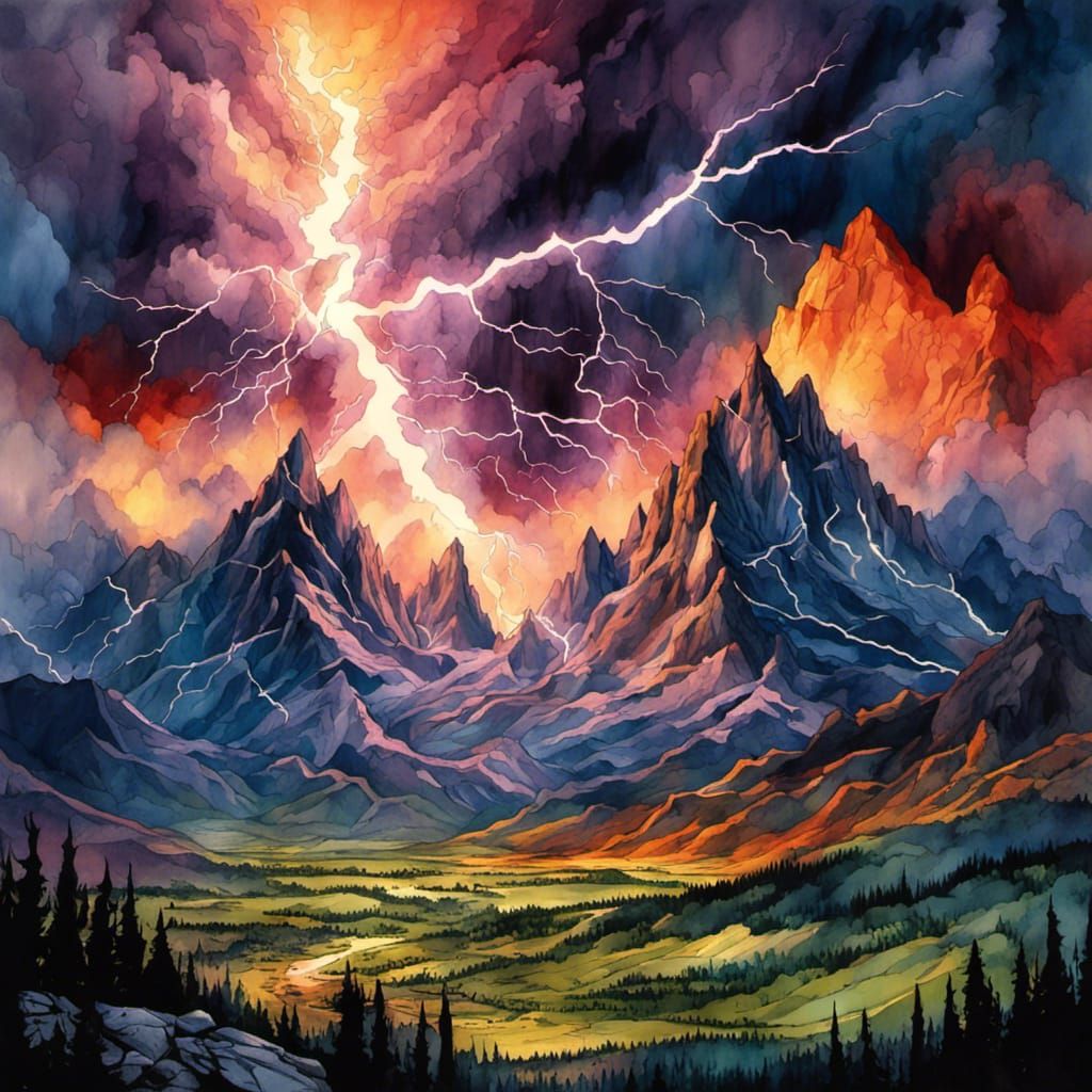 Dramatic Mountain Landscape with Lightning, Ink and Watercol...
