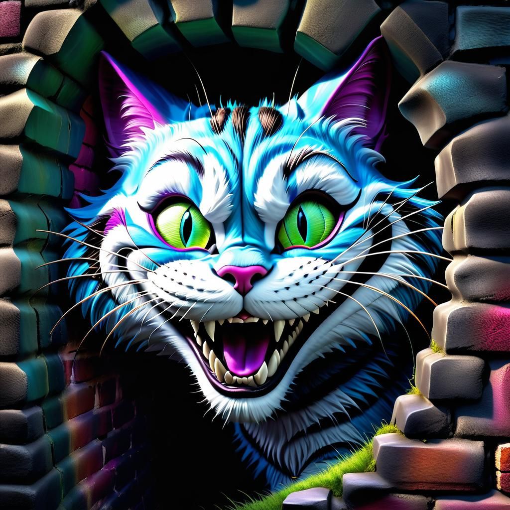 Grinning Cheshire Cat Breaks Through Wall in HDR