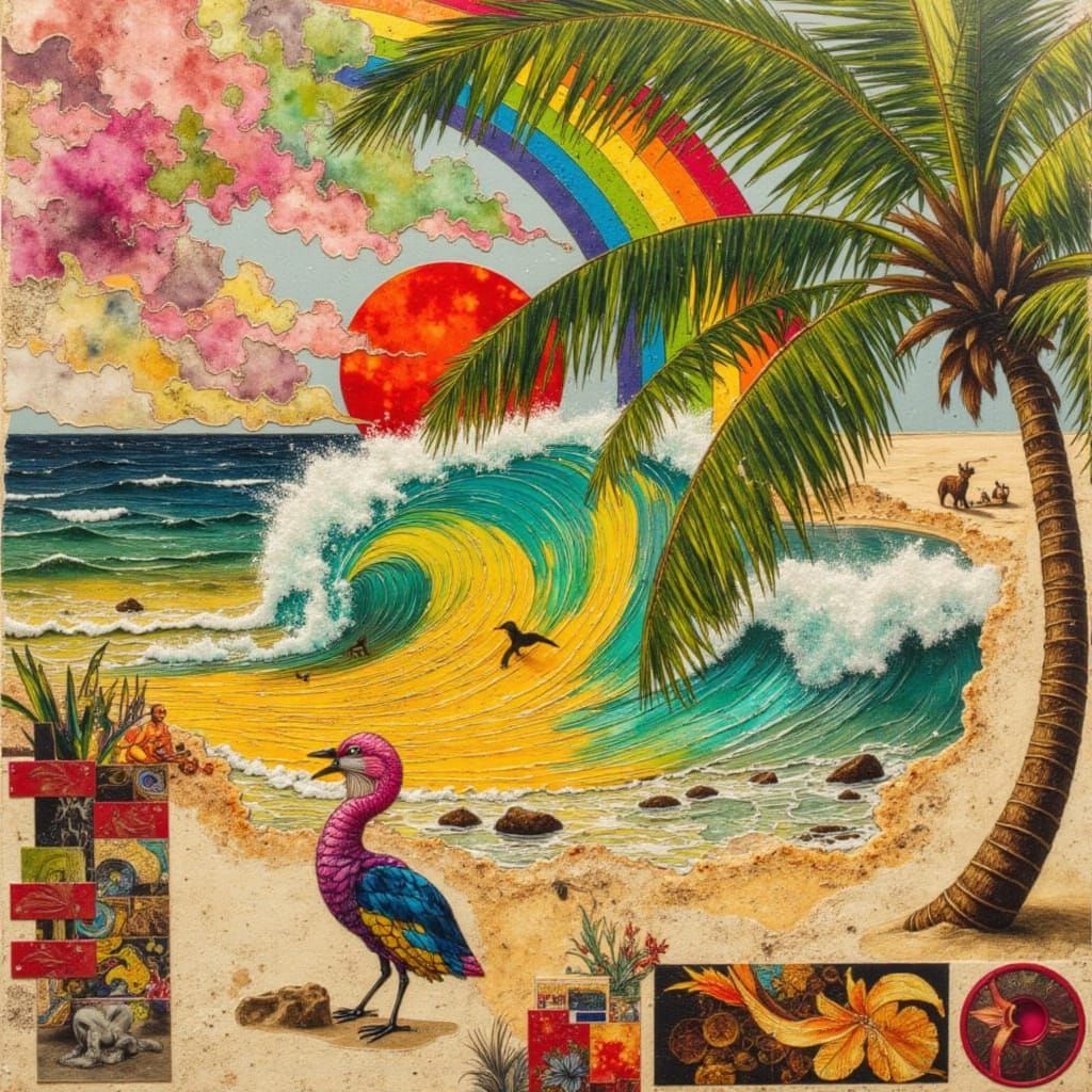 Tropical Beach Collage with Rainbow Sun