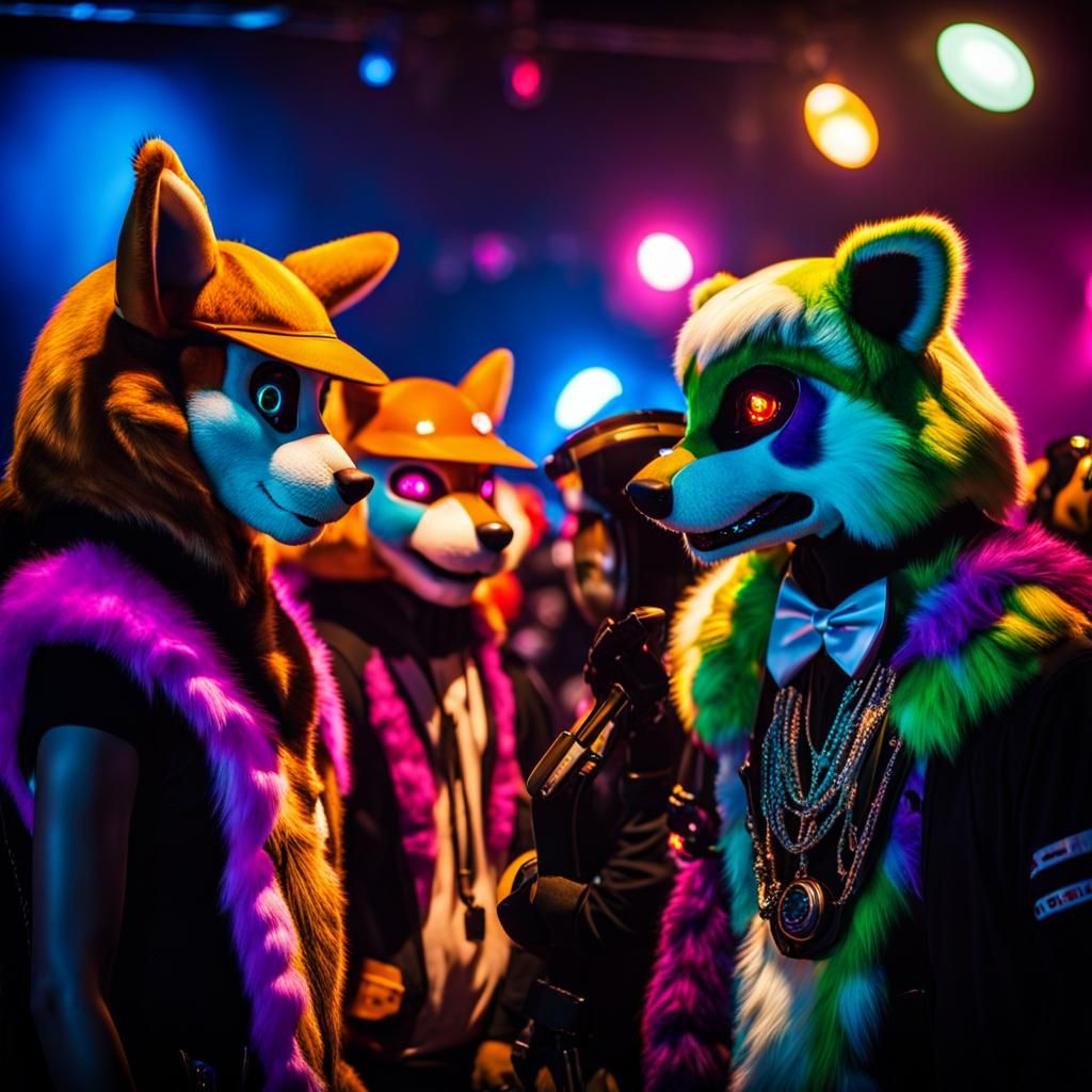 Fursuiters Chat at Colorful Rave Party