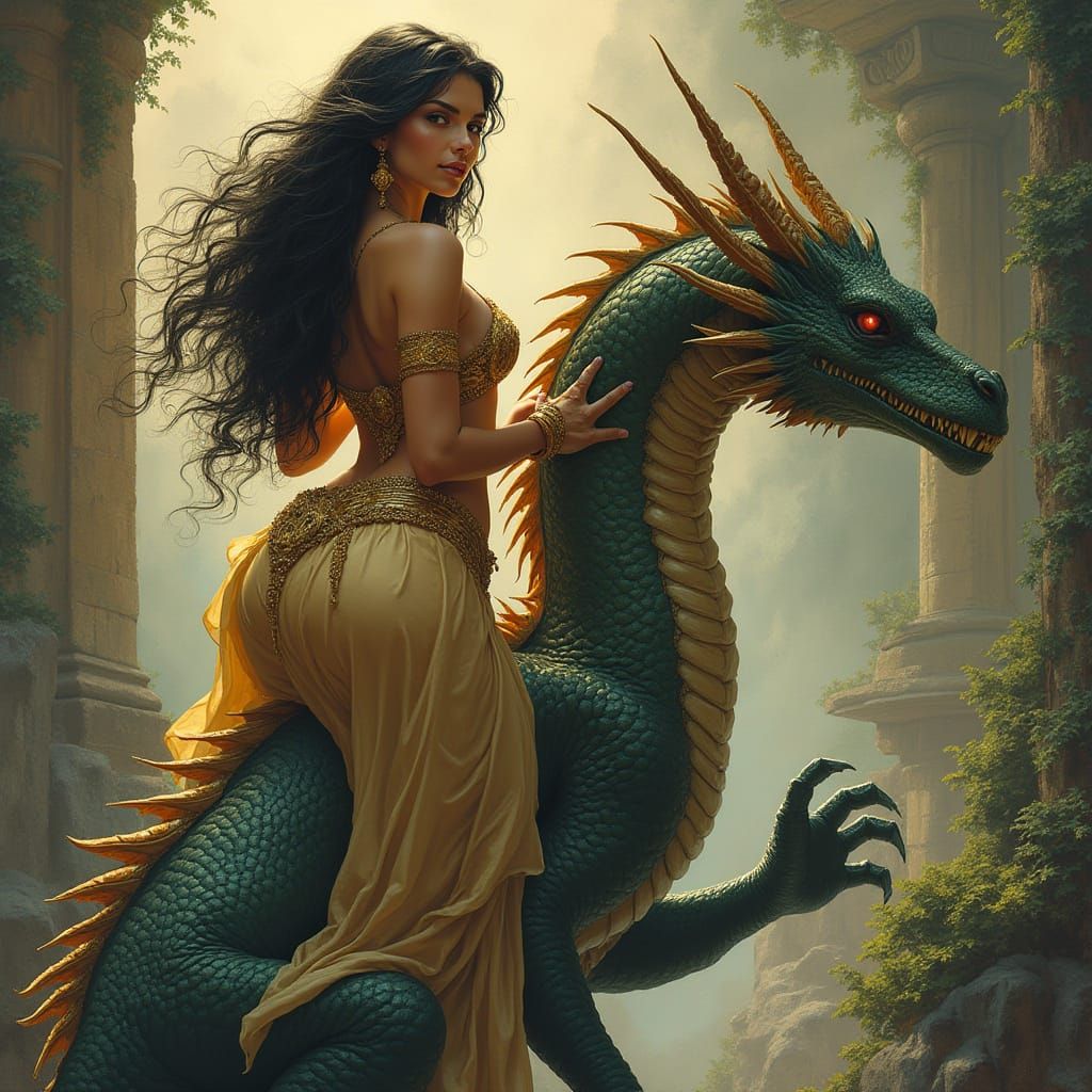 Mystical Goddess Rides Dragon Amid Ancient Ruins
