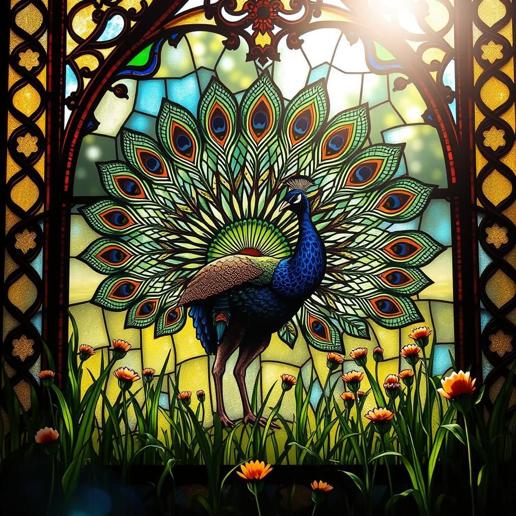Peacock Stained Glass Window in Sunny Meadow
