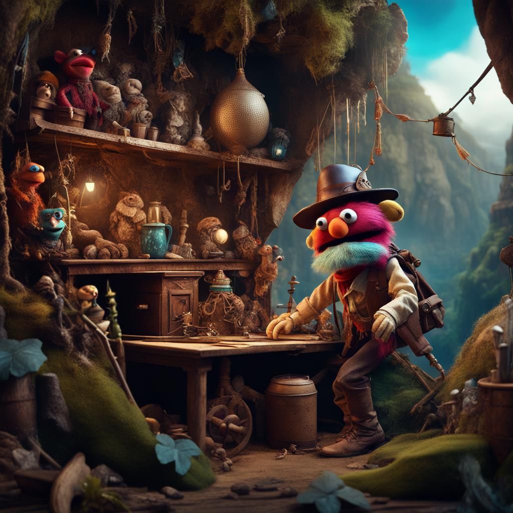 A puppet explorer discovering hidden treasures in a puppet-sized world." - Adventurous and curious puppet explorer- mupp...