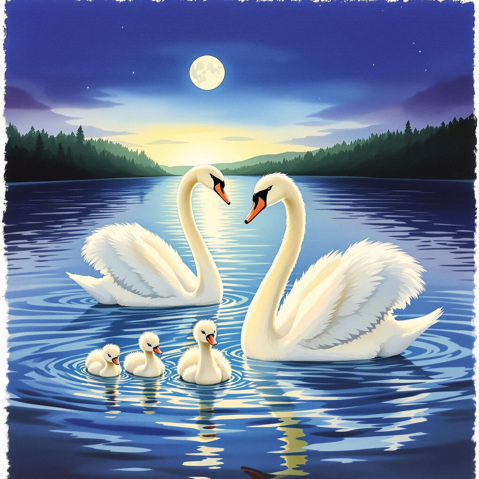 Realistic Swans and Cygnets on Lake at Twilight