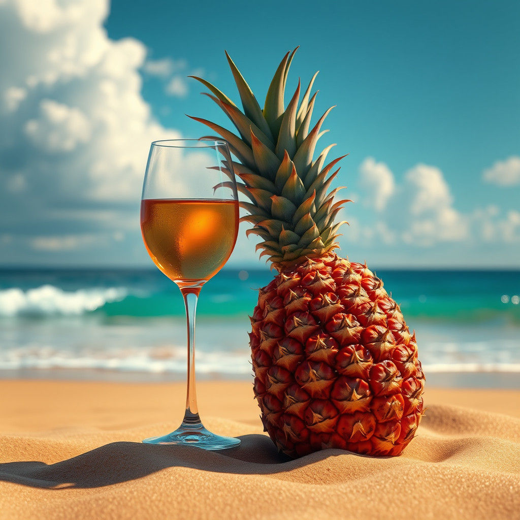 Pineapple and Wine Glass on Beach in Matte Painting Style