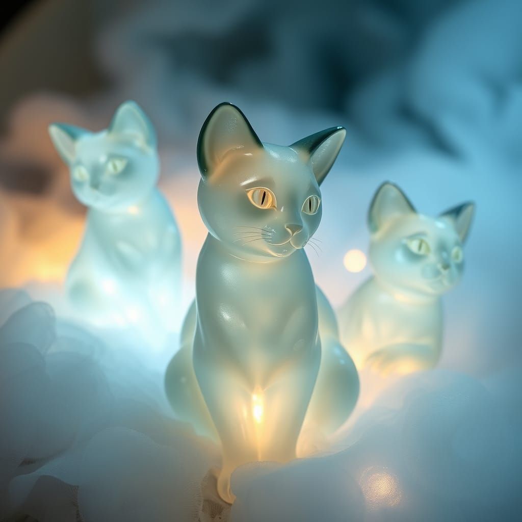 Ethereal Sea Glass Cat Sculptures in Warm Light