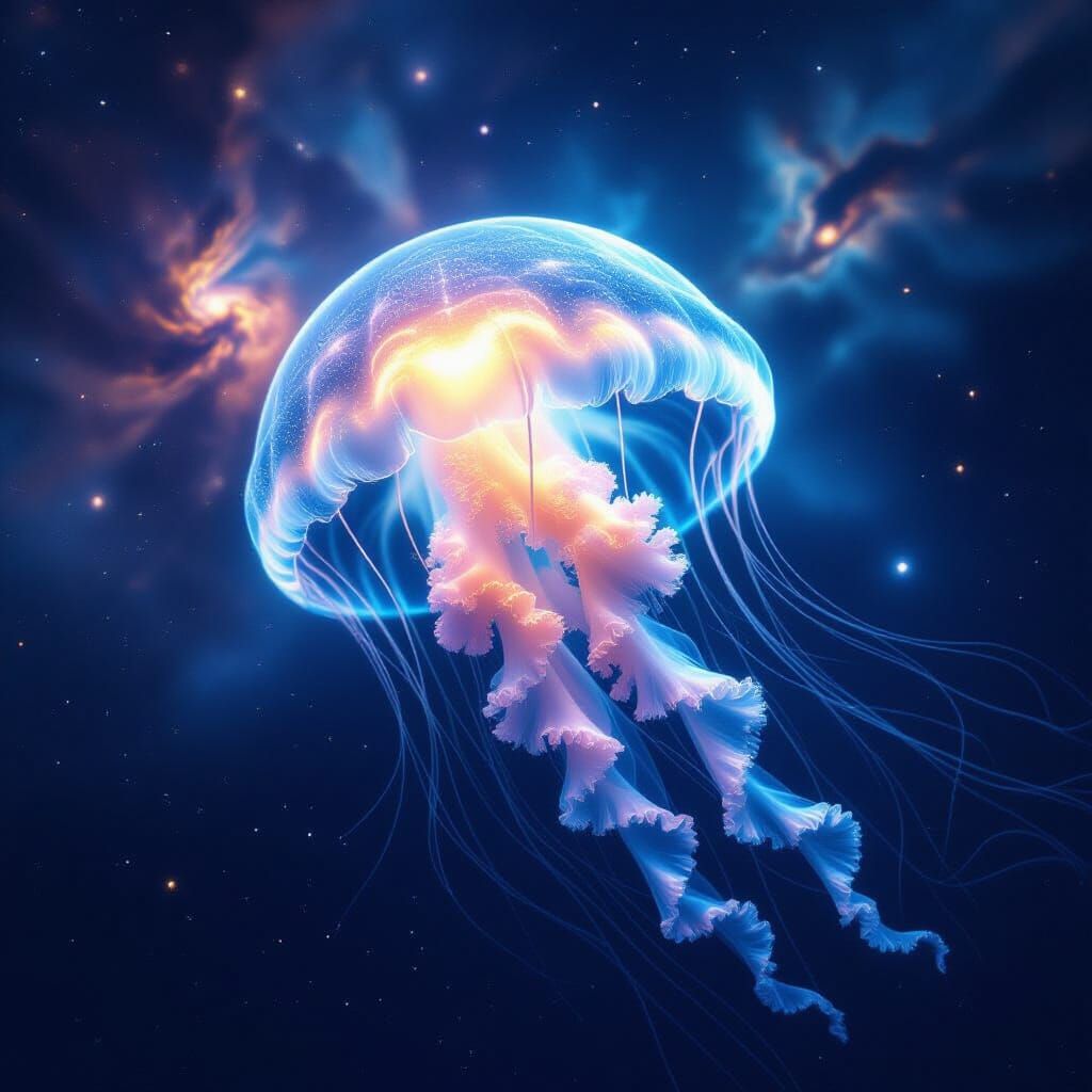 Bioluminescent Jellyfish in Cosmic Ocean Nebula
