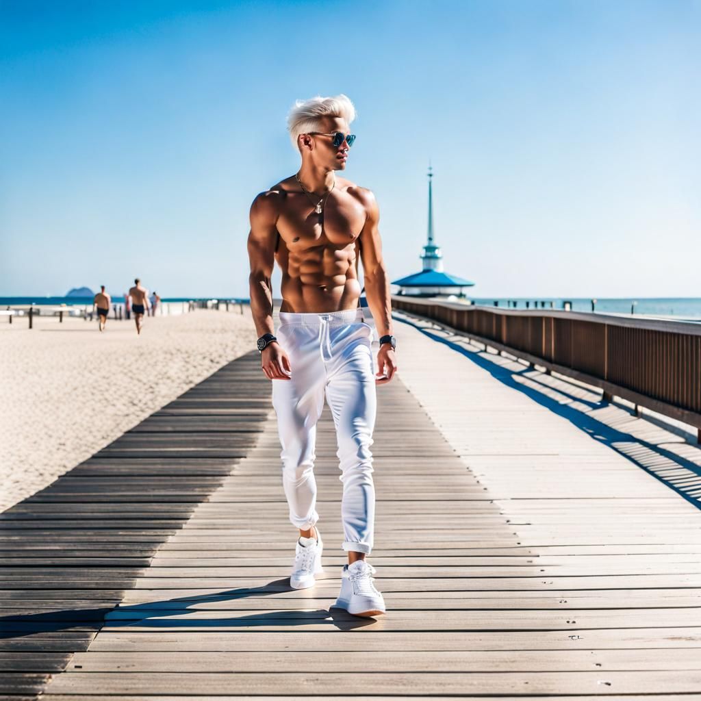 Shirtless Man Walks on Beach Boardwalk