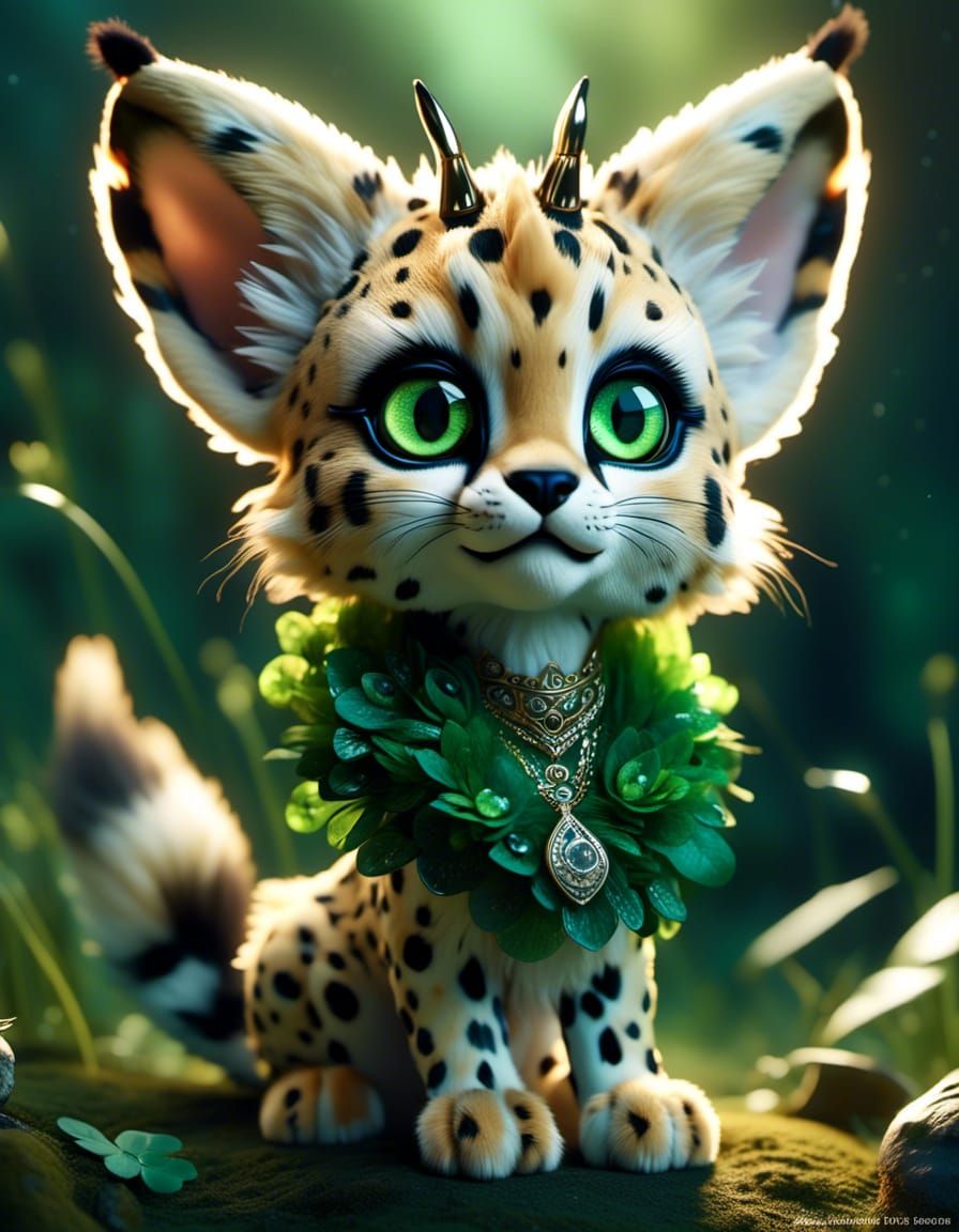 Adorable Chibi Serval Kitten in Moonlight
