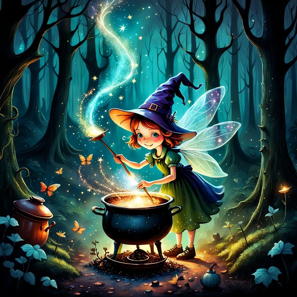 Whimsical Fairy Witch Brews Magic Potion