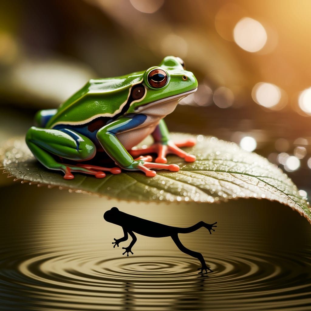 Surreal Green Frog Emerges from Dewy Leaf in Golden Light