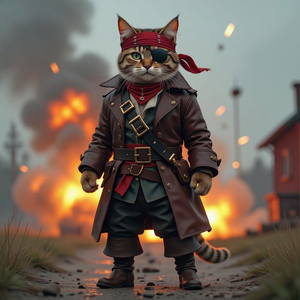 Pirate Cat with Explosion, Detailed Digital Art