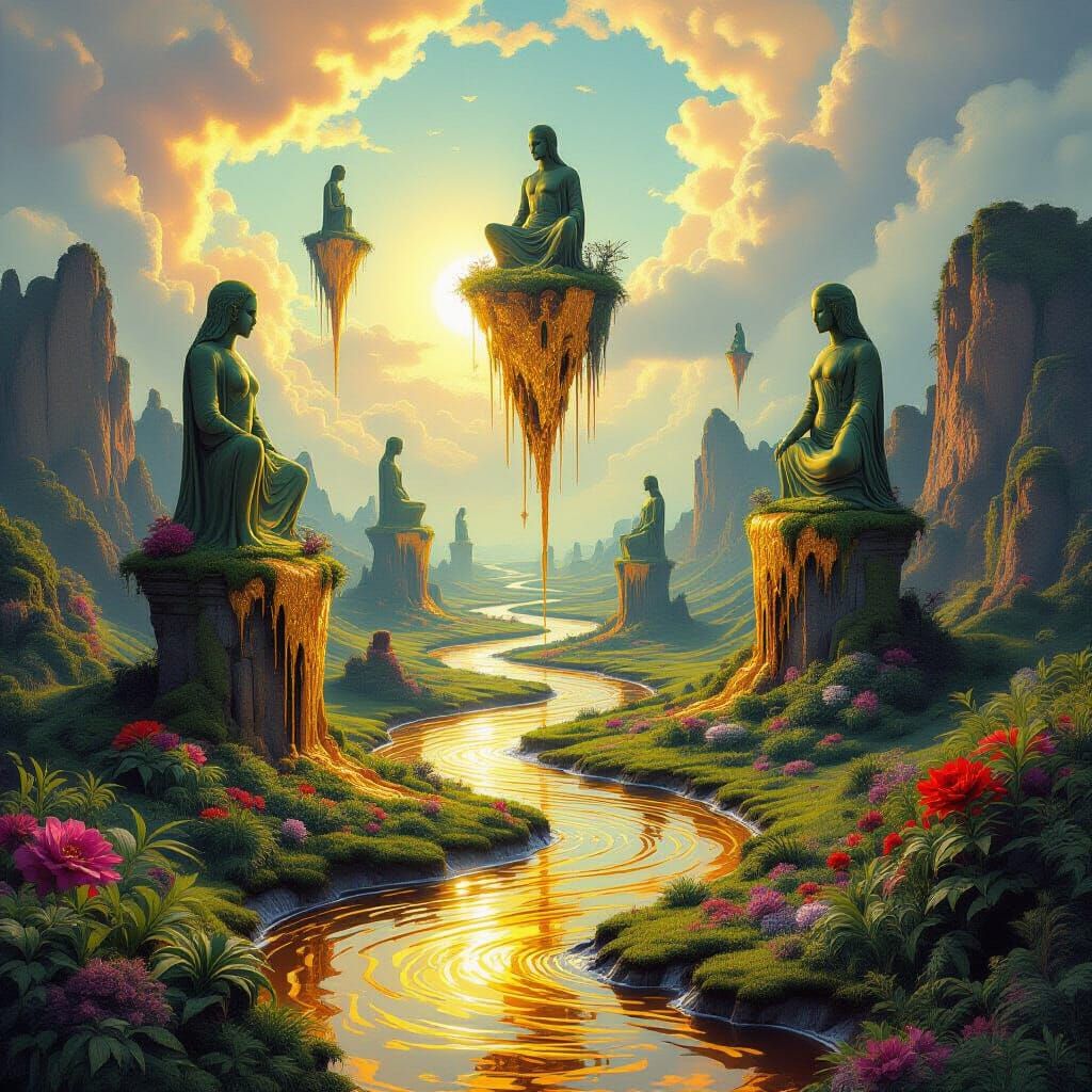 Surreal Landscape: Upward Rivers of Gold to Floating Islands