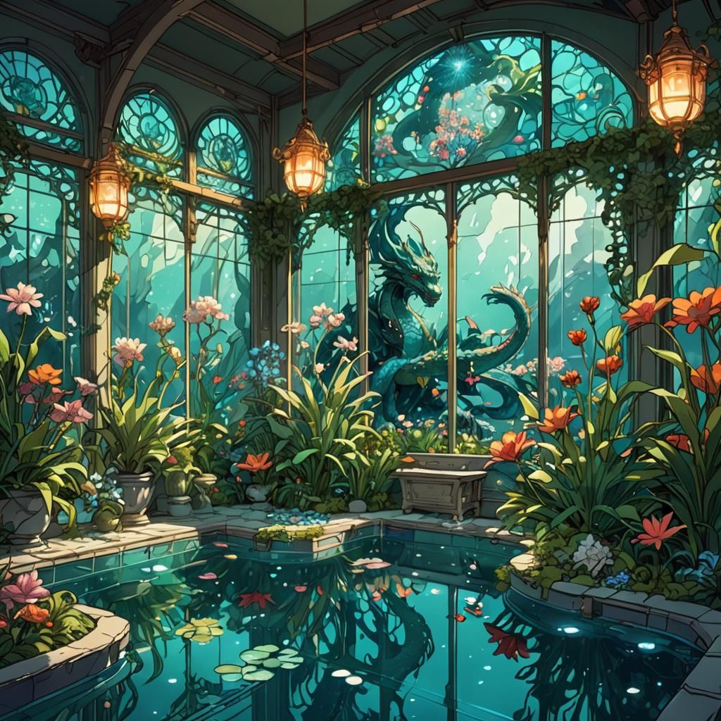 Mucha Style Glass Pool with Bioluminescent Plants